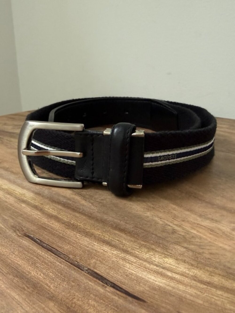 LACOSTE Black Canvas Webbing Belt Silver Buckle Leather Trim Striped
